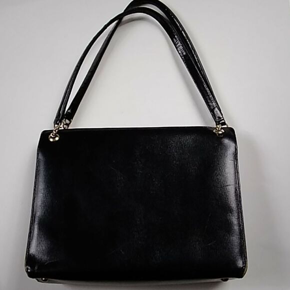 RARE ORIGINAL SATCHEL VTG 40s BLACK SAFFIANO LEATHER SHOULDERS BAG - Picture 2 of 11